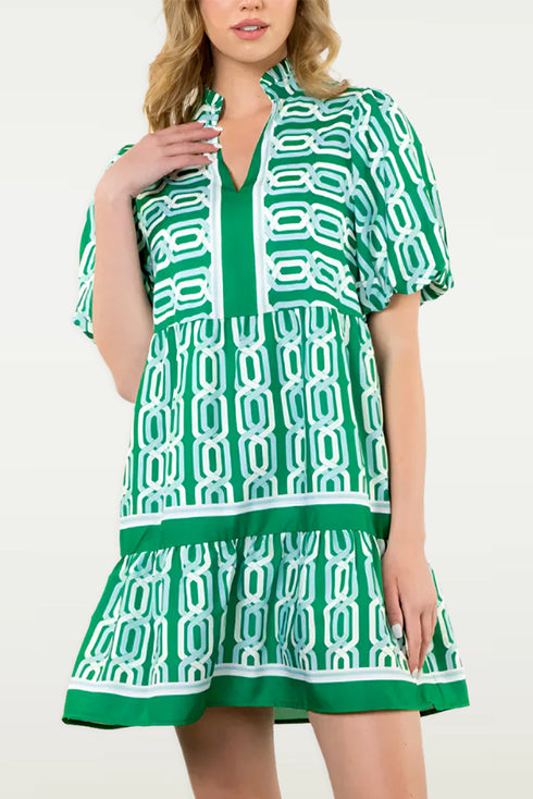 Abstract Patterned V Neck Puff Short Sleeve Mini Dress