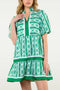 Abstract Patterned V Neck Puff Short Sleeve Mini Dress