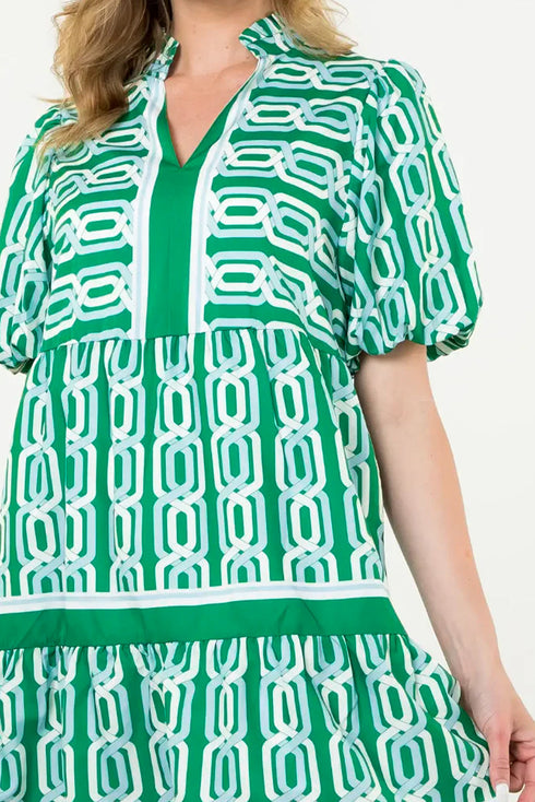 Abstract Patterned V Neck Puff Short Sleeve Mini Dress