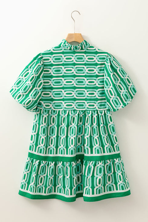 Abstract Patterned V Neck Puff Short Sleeve Mini Dress