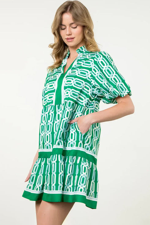 Abstract Patterned V Neck Puff Short Sleeve Mini Dress