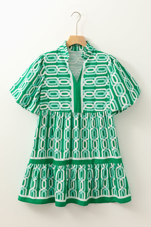 Abstract Patterned V Neck Puff Short Sleeve Mini Dress