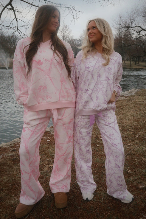 Abstract Plant Print Long Sleeve V Neck Wide Leg Pants Set