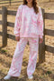 Abstract Plant Print Long Sleeve V Neck Wide Leg Pants Set