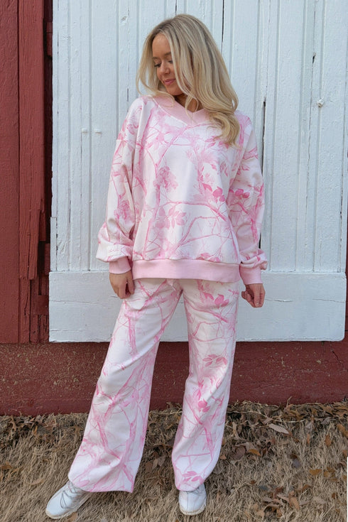 Abstract Plant Print Long Sleeve V Neck Wide Leg Pants Set