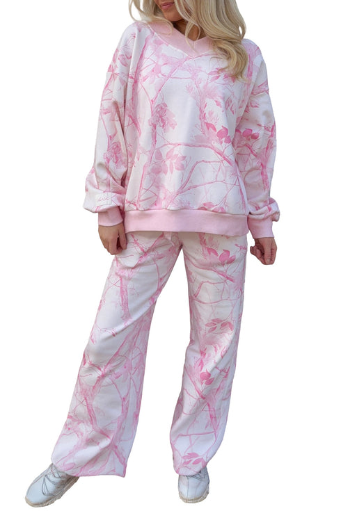 Abstract Plant Print Long Sleeve V Neck Wide Leg Pants Set