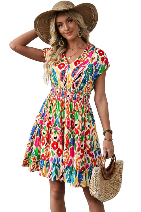 Abstract Print Bohemian Dolman Sleeve Tiered Mini Dress