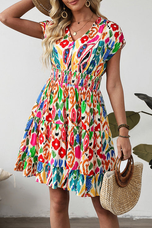 Abstract Print Bohemian Dolman Sleeve Tiered Mini Dress