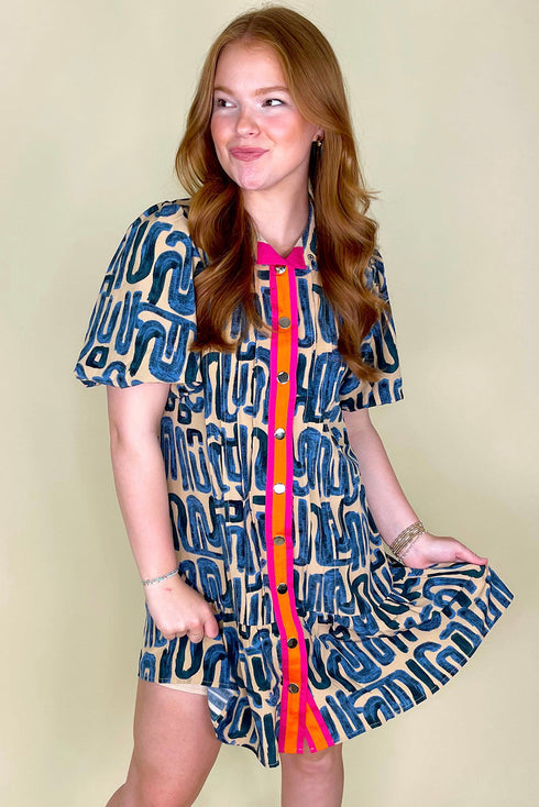 Abstract Print Bubble Sleeve Button up Mini Dress