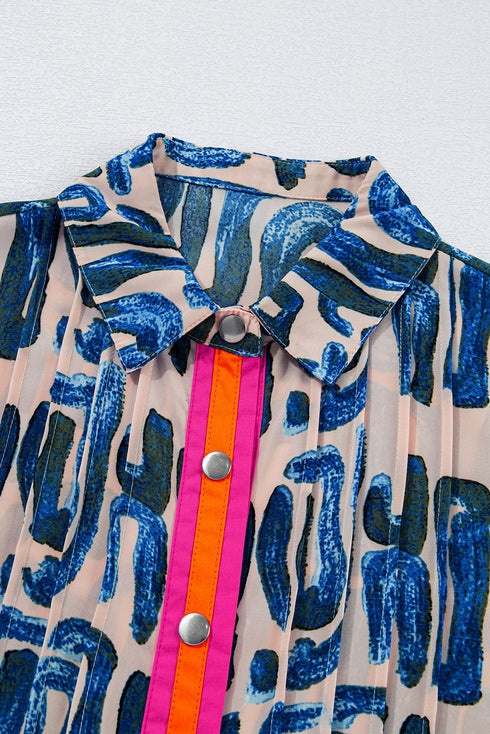Abstract Print Bubble Sleeve Button up Mini Dress