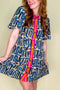 Abstract Print Bubble Sleeve Button up Mini Dress