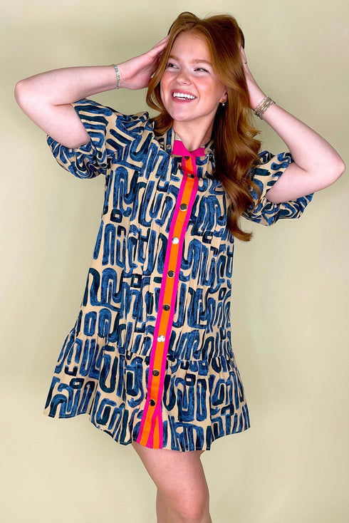 Abstract Print Bubble Sleeve Button up Mini Dress
