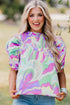 Abstract Print Bubble Sleeve Smock Detail Blouse
