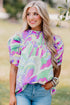 Abstract Print Bubble Sleeve Smock Detail Blouse
