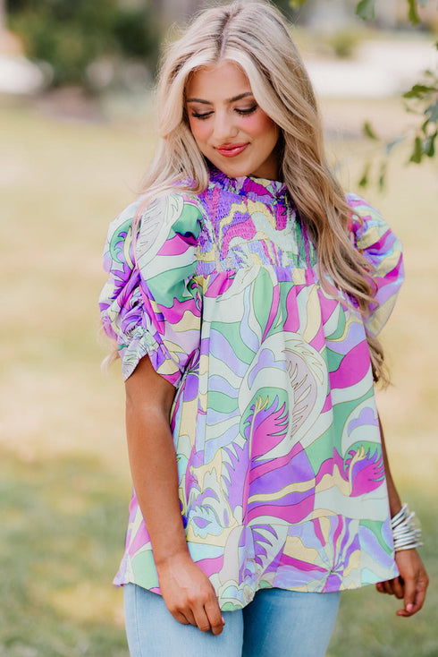 Abstract Print Bubble Sleeve Smock Detail Blouse