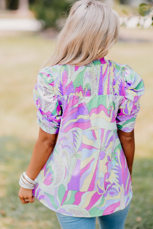 Abstract Print Bubble Sleeve Smock Detail Blouse