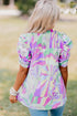 Abstract Print Bubble Sleeve Smock Detail Blouse