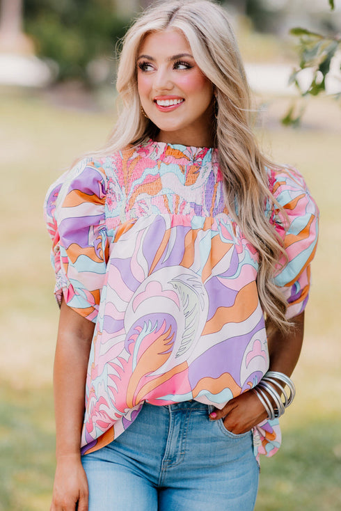 Abstract Print Bubble Sleeve Smock Detail Blouse