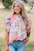 Abstract Print Bubble Sleeve Smock Detail Blouse