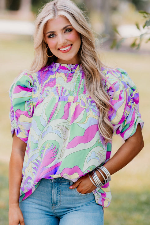 Abstract Print Bubble Sleeve Smock Detail Blouse