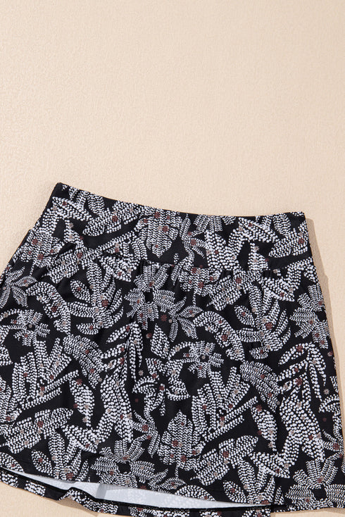 Abstract Print Buckle Crossed Strap Skirted Tankini Swimsuit