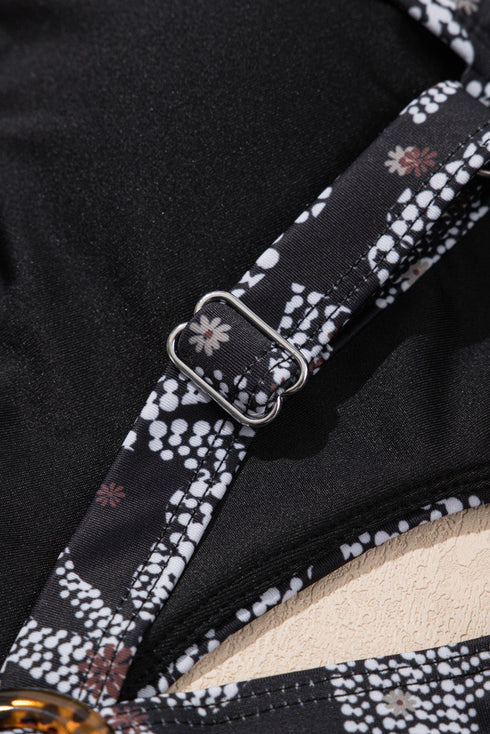 Abstract Print Buckle Crossed Strap Skirted Tankini Swimsuit