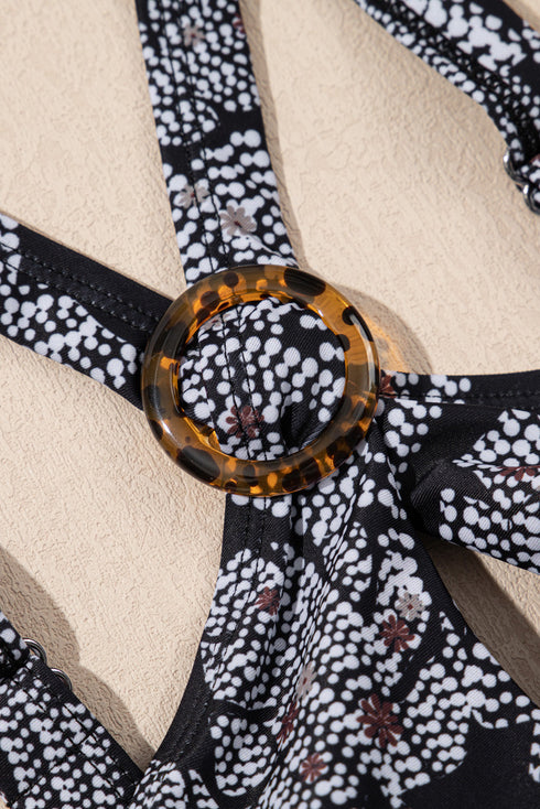 Abstract Print Buckle Crossed Strap Skirted Tankini Swimsuit