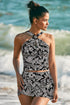 Abstract Print Buckle Crossed Strap Skirted Tankini Swimsuit