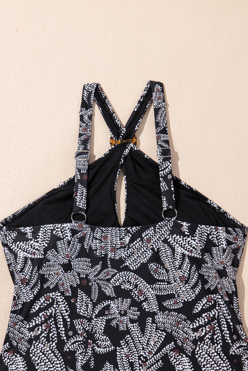Abstract Print Buckle Crossed Strap Skirted Tankini Swimsuit