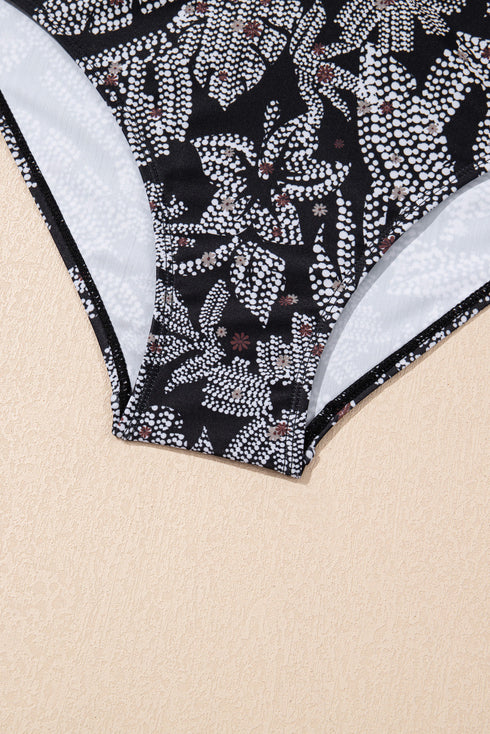 Abstract Print Buckle Crossed Strap Skirted Tankini Swimsuit