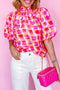 Abstract Print Button Back Ruffed High Neck Blouse