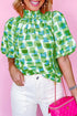 Abstract Print Button Back Ruffed High Neck Blouse
