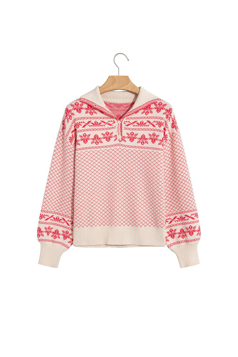 Abstract Print Button Detail Stand Neck Sweater