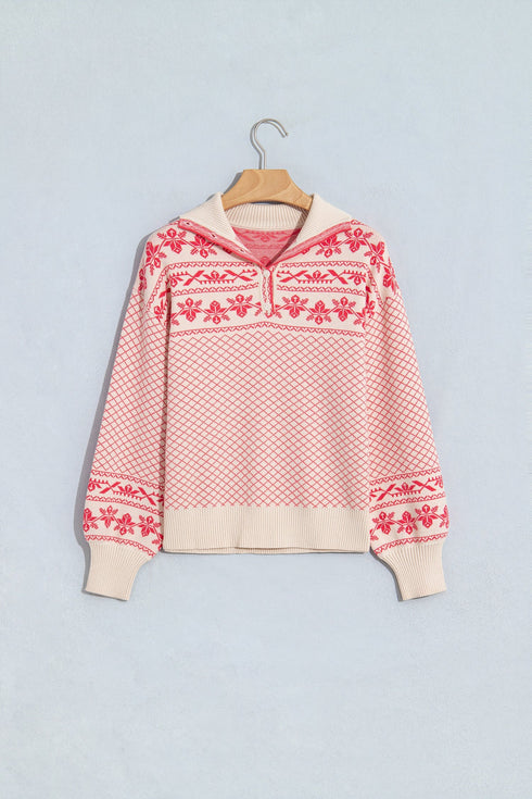 Abstract Print Button Detail Stand Neck Sweater