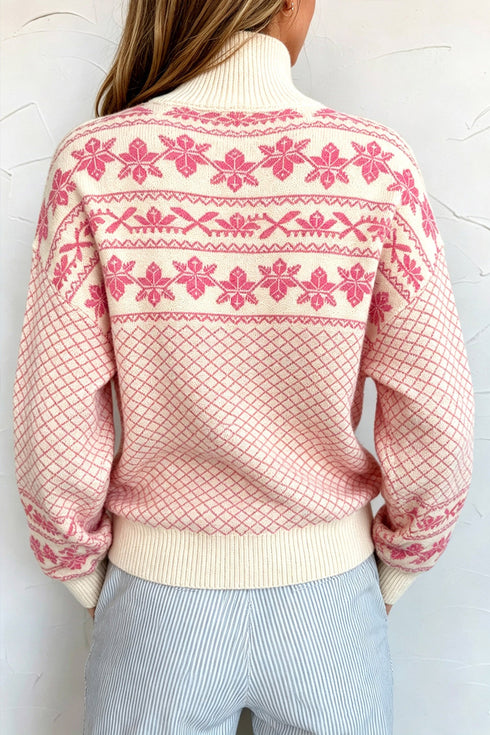 Abstract Print Button Detail Stand Neck Sweater