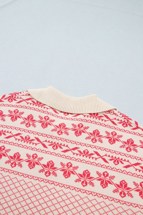 Abstract Print Button Detail Stand Neck Sweater