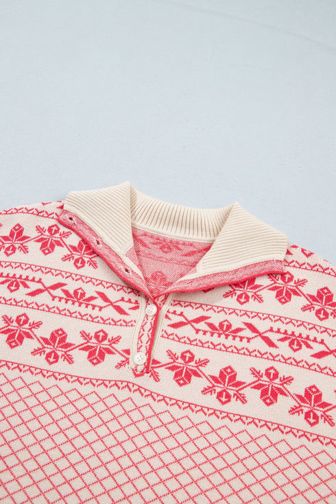 Abstract Print Button Detail Stand Neck Sweater