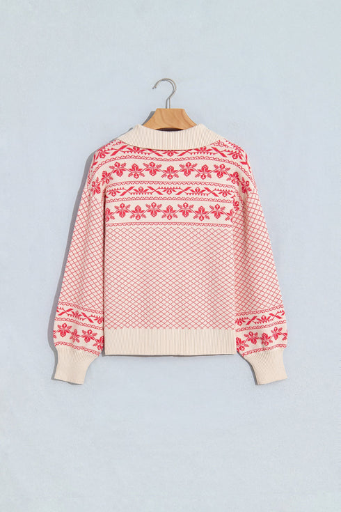 Abstract Print Button Detail Stand Neck Sweater