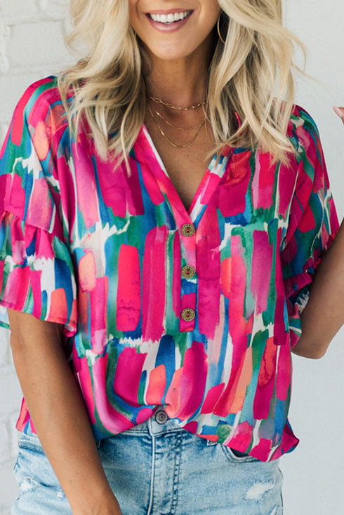 Abstract Print Button Front Collared Short Sleeve Tie Blouse