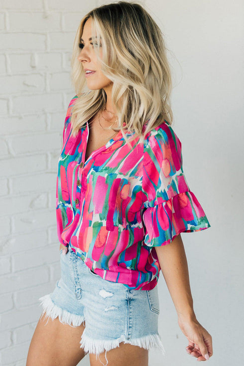 Abstract Print Button Front Collared Short Sleeve Tie Blouse