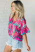 Abstract Print Button Front Collared Short Sleeve Tie Blouse