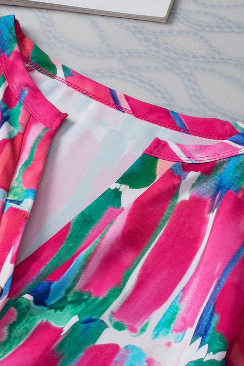 Abstract Print Button Front Collared Short Sleeve Tie Blouse