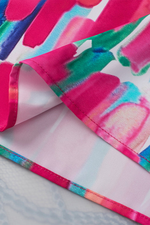 Abstract Print Button Front Collared Short Sleeve Tie Blouse