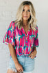 Abstract Print Button Front Collared Short Sleeve Tie Blouse