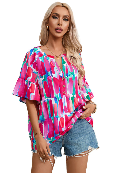 Abstract Print Button Front Collared Short Sleeve Tie Blouse