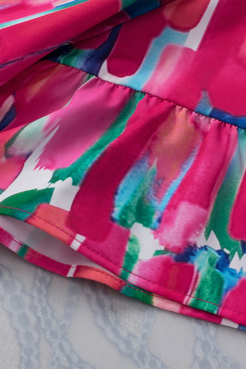 Abstract Print Button Front Collared Short Sleeve Tie Blouse