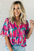 Abstract Print Button Front Collared Short Sleeve Tie Blouse