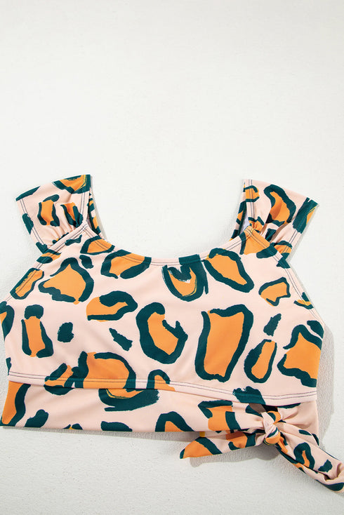 Abstract Print Cap Sleeve Tie Detail Bikini Set
