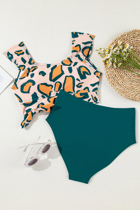 Abstract Print Cap Sleeve Tie Detail Bikini Set