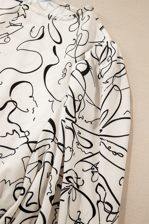 Abstract Print Crew Neck Balloon Sleeve Blouse